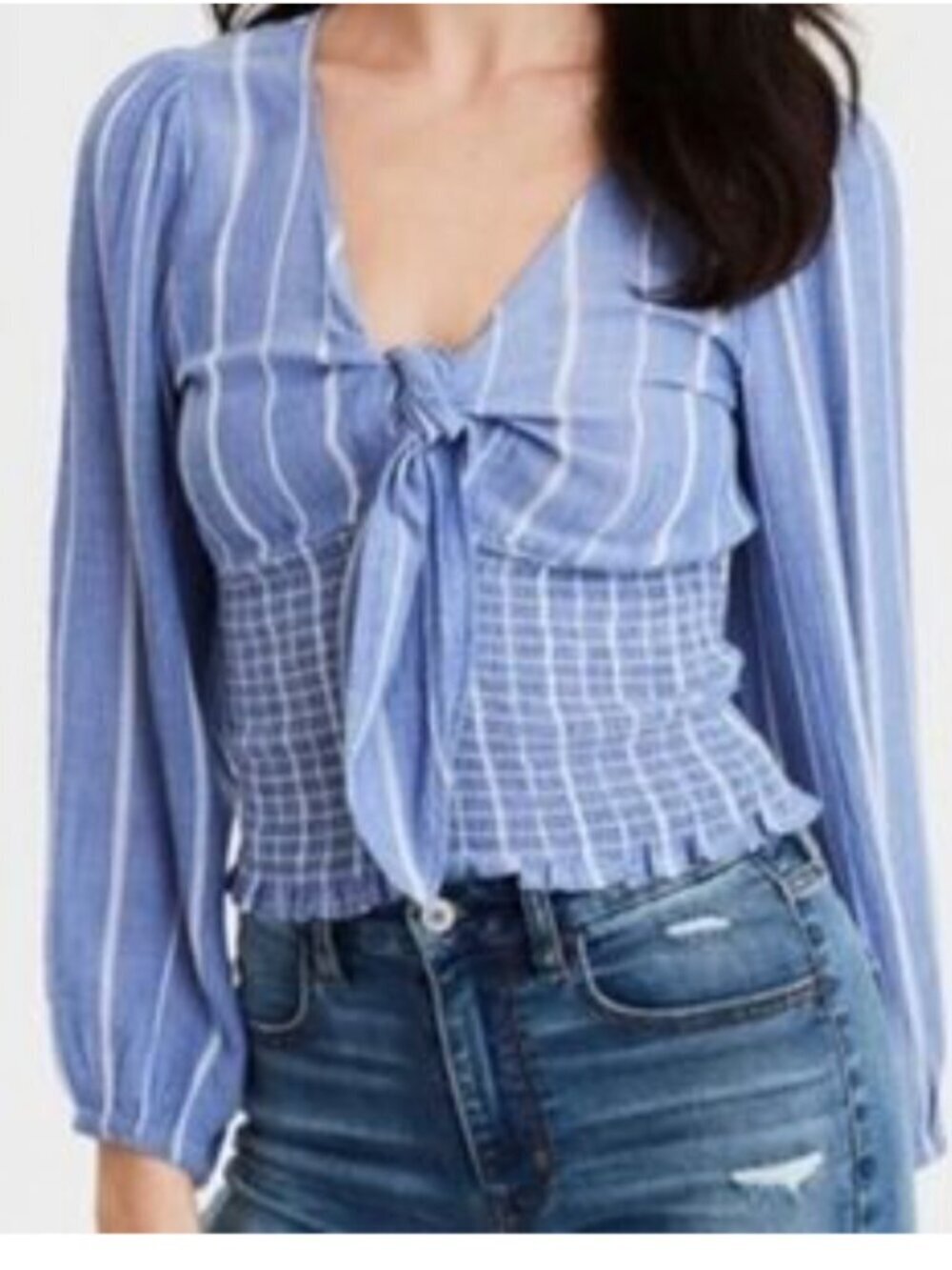American Eagle Outfitters striped tie-front smocked long-sleeve top Sz S